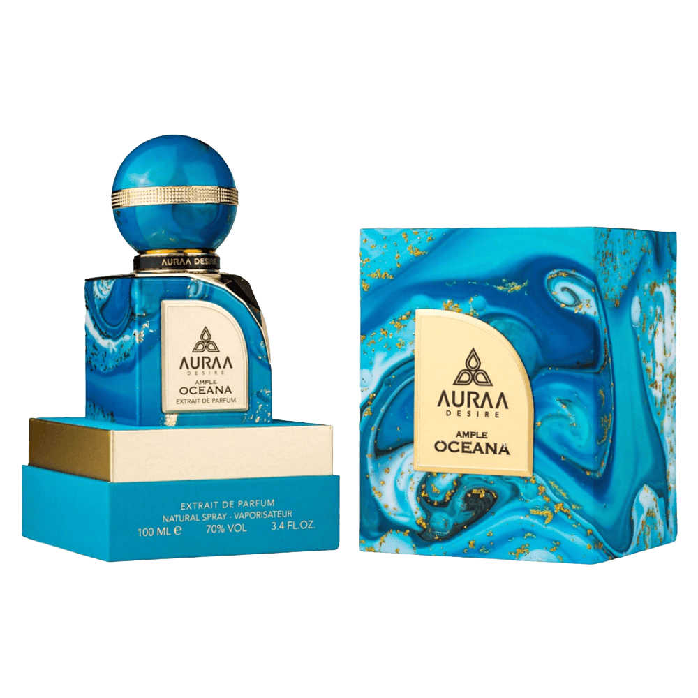 Fragrance parfum Aroma Aura Oceana in blauwe marmer design, luxueus en verfijnd.