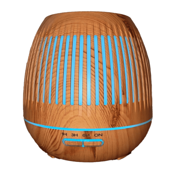 Afbeelding van een houten aroma diffuser met blauwe LED-verlichting voor aromatherapie.