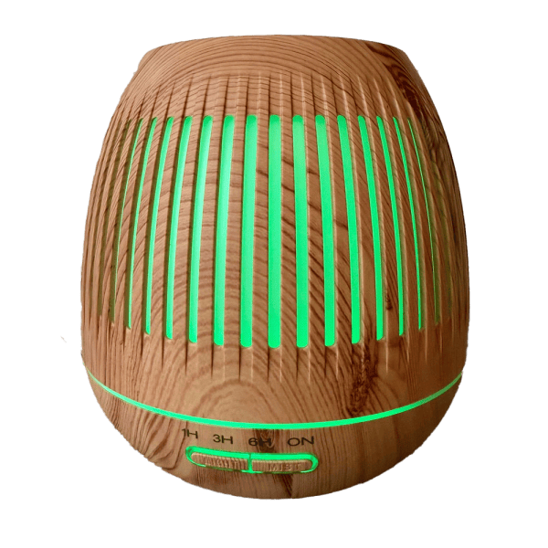 Gezichtsverdamper met houten afwerking en groen verlichte ventilatieopeningen.
